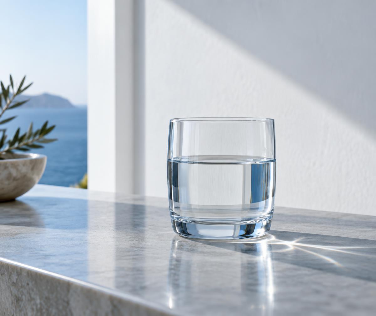 Bicchiere di acqua limpida su un piano in pietra chiara, luce naturale